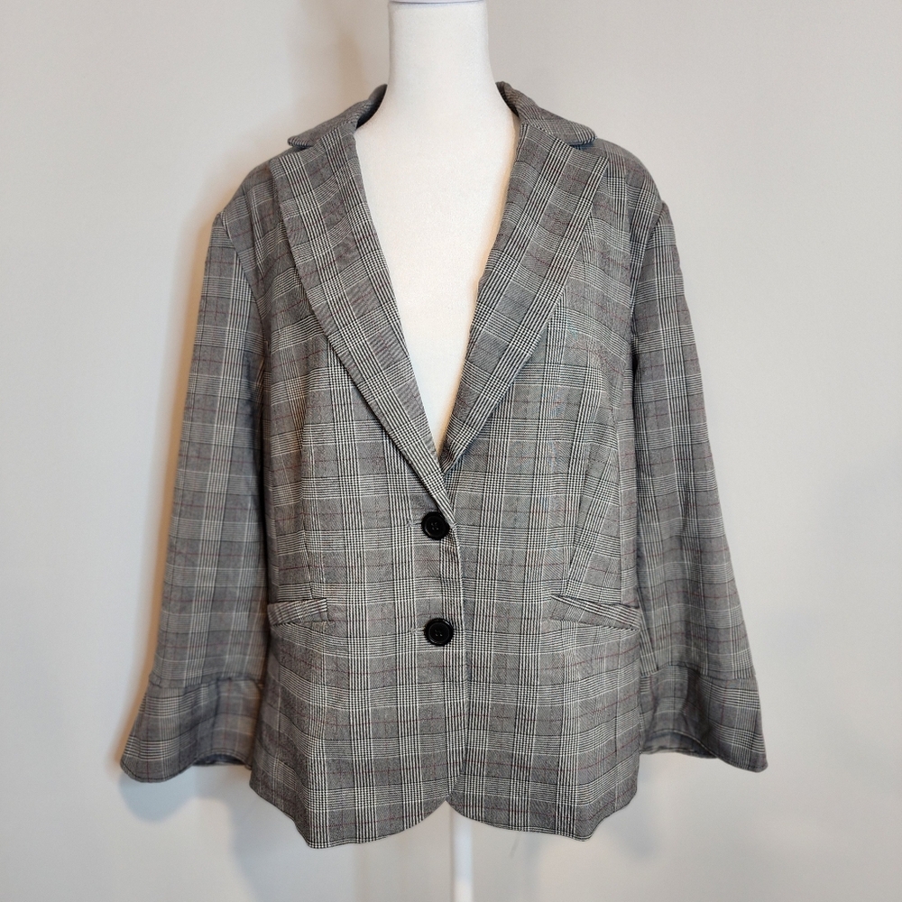 ELLE Blazer Womens XXL Gray Plaid Single breasted Front Pockets Tulip Cuff